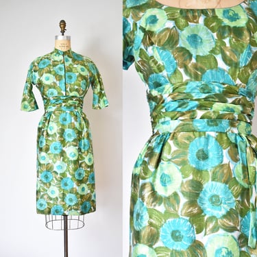 Hellene silk 1960s dress and jacket, floral dress, summer dress, cropped jacket, 1950s dress, 60s dress 