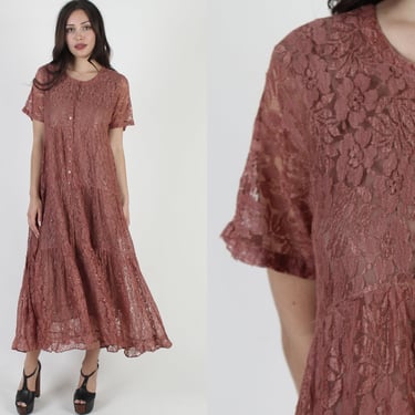 Starina Brand Burnt Sienna Button Down 90s Gypsy Lace Dress 