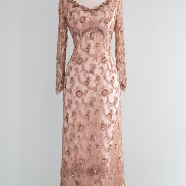 Exquisite Vintage Beaded Lace & Silk Evening Gown / L