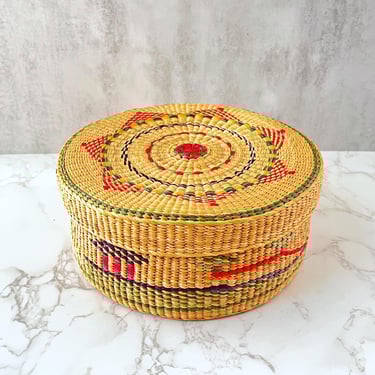 Vintage Handwoven Lidded Basket: Colorful Boho Wicker Trinket Box 
