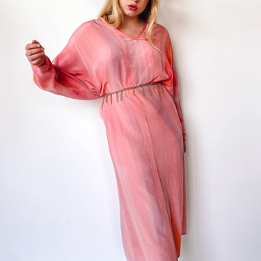 1980s Rose Water Silk Caftan Dress, sz. M/L