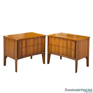 Mid-Century Unagusta Strata Walnut Contoured Nightstand End Tables - A Pair