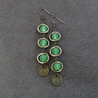 Long bohemian green frosted glass and bronze earrings 