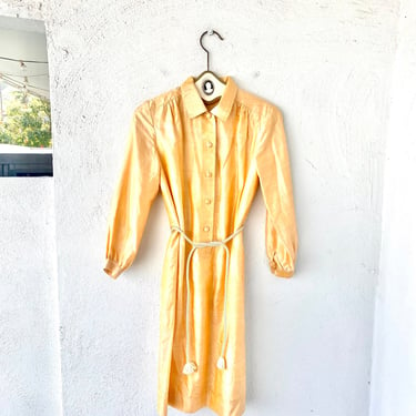 Vintage 60s Raw Silk Dress Collared 1960s Shiny Golden Yellow Shirtdress 