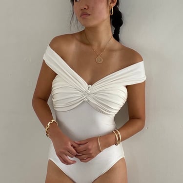 90s Bill Blass swimsuit / vintage white Hollywood glamour ruched off shoulder one piece high cut swimsuit | Medium 