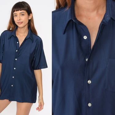 70s Button Up Shirt Men's Large Navy Blue Oxford Shirt Shiny Dagger Collar 1970s Disco Top Vintage Collared Plain Short Sleeve 16 16 1/2 