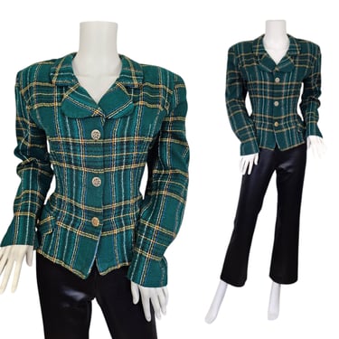 1990s Green Plaid Fitted Suit Coat I Jacket I Sz Med I All That Jazz I Clueless 