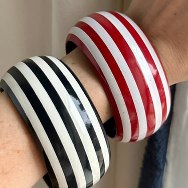 Vintage French Black / Red Stripe Han Painted Wood Bracelet