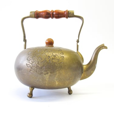 Etched Brass Tea Pot with Wood Handle 