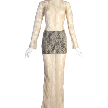 Dolce &amp; Gabbana Vintage SS 1999 Beige Lace Sheer Gown with Black Lingerie Shorts