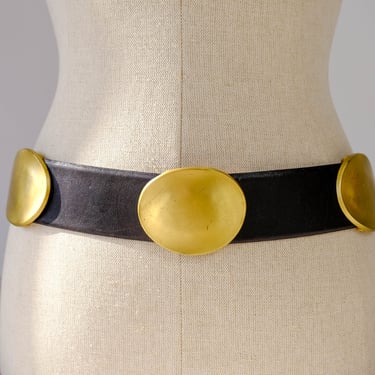 Vintage 80s Donna Karan Black Leather Belt w/ Robert Lee Morris Brass Conchos | Made in Italy | 100% Genuine Leather | 1980s Designer Belt 