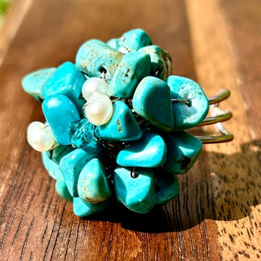Turquoise Nugget Fresh Water Pearl Blue Gemstone Ring Handmade Jewelry Cluster Ring Vintage Retro Cocktail Statement Adjustable Ring Gift 