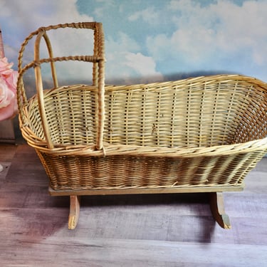 Handmade Baby Doll Cradle Circa 1918 Wicker With Wood Rockers and Base Square Nails Collectible Amazing Condition Solid RARE Gift for Her 