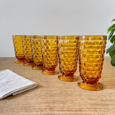 Vintage American Whitehall Amber Clear Ice Tea Glasses - Set of 6 - Cubist Style - Indiana Glass Co./Lancaster Colony 