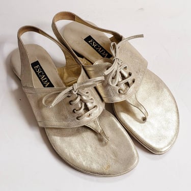 Vintage Escada Silver Metallic Sandals Flats Slingbacks Designer Summer Shoes Size 7 / Corsa 