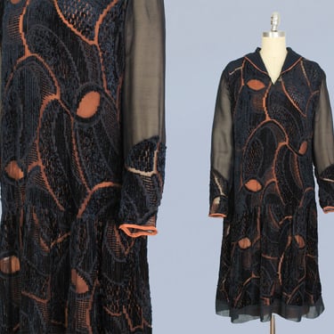1920s Dress / 20s BURNOUT Velvet Navy and Orange Dress 
