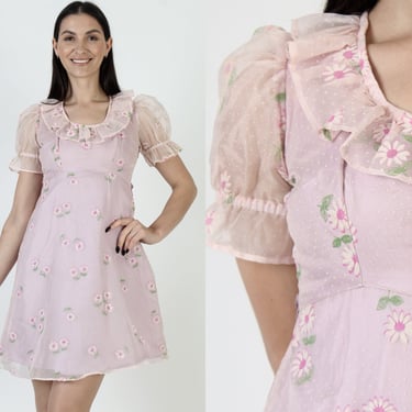 Swiss Dot Micro Mini Dress Vintage 60s Mod Daisy Print Material Sheer Puff Sleeve All Over Print Sundress 
