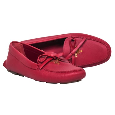 Prada - Red Textured Leather Driving Loafers w/ Bow Upper Sz 8.5