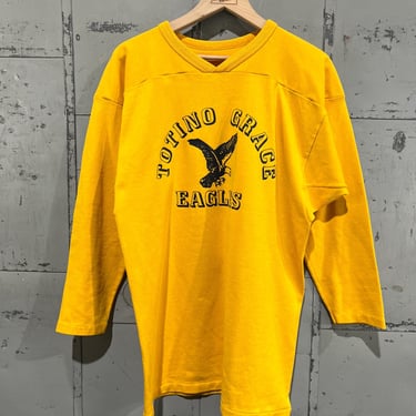 L 70s cotton football jersey tshirt Totino Grace eagles logo arch athletic baseball yellow 