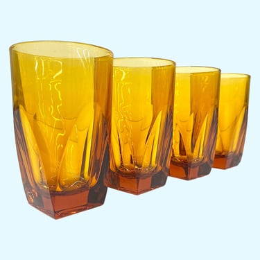Vintage Colony Drinking Glasses Retro 1970s Mid Century Modern + Vanity + Amber + Rocks Glass + Square Bottom Tumblers + Set of 4 + Barware 