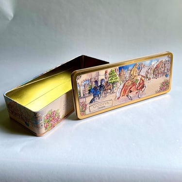 2004 Godiva Chocolate Limited Edition Keepsake Tin (empty) - Embossed, Rectangular, Lady Godiva on Horseback, Polychrome Multicolor, Germany 