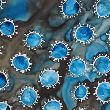 Black and Blue Coronavirus - Original Ink Painting on Yupo - Virology Art COVID 