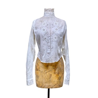 Antique Victorian Edwardian White Eyelet Lace Cotton Lingerie Blouse, 1900s Embroidered Pin-tucked High Neck Waist Top, Extra Small, VFG 