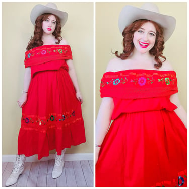 1980s Vintage Red Cotton Mexican Dress / 80s / Eighties Crochet Embroidered Off Should Gauze Dress / Size Medium - XL 