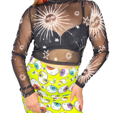 Celestial Mesh Top Sun and Moon Print Astrology Mesh Crop MessQueen New York Bushwick Brooklyn NY