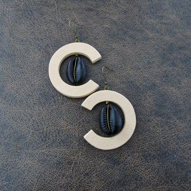 Cowrie shell earrings, large wooden earrings, black and cream earrings 