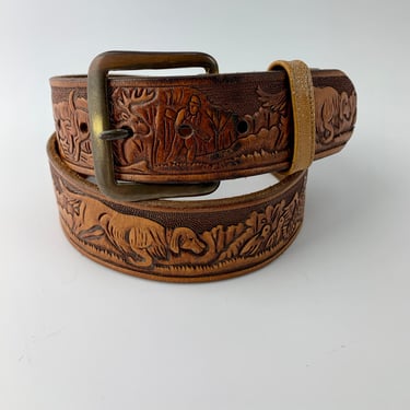 Vintage Tooled Belt in Leather - Hunting Images of Tooled Deer, Pheasants, Dogs & Hunters - Size 27 to 30 Inch Waist 