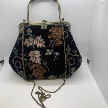 VICE VERSA TOO Vintage Velvet Handbag Beaded Grape Leaf Details - Black - 
