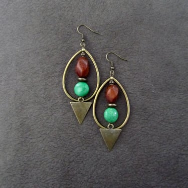 Bronze hoop earrings, bohemian earrings, rustic boho earrings, artisan ethnic earrings, tear drop hoop earrings, green stone earrings 2 