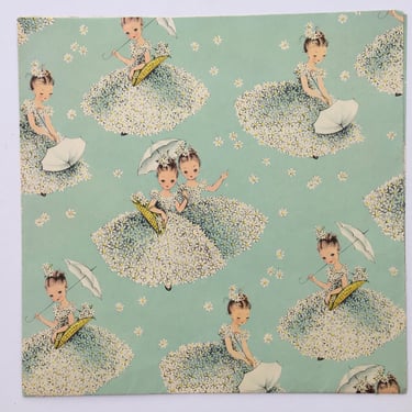 Vintage Wedding Bridal Shower Wrapping Paper, Aqua Ground With Girls In Daisy Dresses, CUTE, Gift Wrap, Kitschy Brides Maids, 20"x30" 