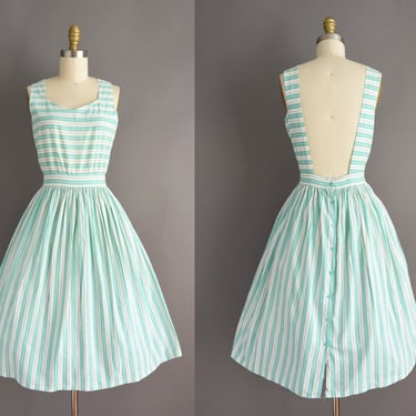 1980s dress | Adorable Mint Green Stripe Print Full Skirt Summer Cotton Dress | Small | 80s vintage dress 
