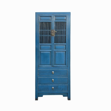 Oriental Blue Narrow Wood Carving Shutter Doors Drawers Storage Cabinet cs7729E 