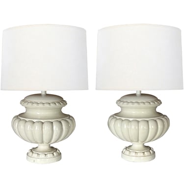 Pair of Spanish Manises Pottery White-Glazed Lobed Urns Now as Lamps