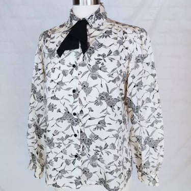 Vintage 80s Black and White Floral Blouse with Tie // Secretary Button-Up 
