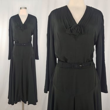 Vintage Eighties Does Forties Black Rayon Blend Long Sleeve Belted Dress - 80s Does 40s Wild Rose Small Midi Mid Length Dress 