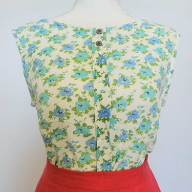 Vintage 1950's 1960's Handmade Blue Floral Sleeveless Blouse *flaws 