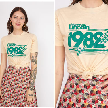 Vintage 1980s 1982 (dated) Lincoln Marathon Vinyl Print Single Stitch Graphic T-Shirt 