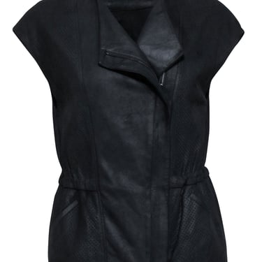 Vince - Black Perforated Leather Moto Vest w/ Drawstring Waist Sz XXS