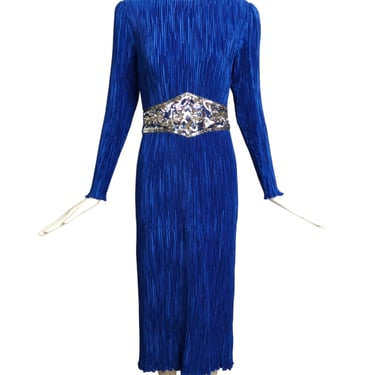 1980s Blue Plissé &amp; Sequin Gown, Size 6