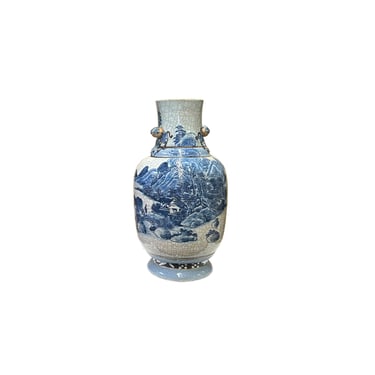 Vintage Chinese Crackle Ceramic Blue White Hand-painted Scenery Vase ws3778E 