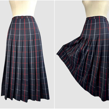 BURBERRYS Vintage 80s Midi Pleated Skirt | 1980s Blue Wool Plaid High Waist | Made in England, 90s 1990s Burberry, British Designer | Medium 
