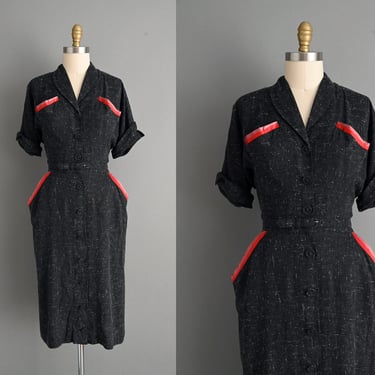 1950s vintage dress | Charcoal Gray Gabardine Dress | Large | 