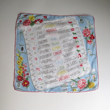 Vintage Zodiac Handkerchief, Mid 1950s Cotton Astrology Sign Hankie Tarot Wrap by Burmel 