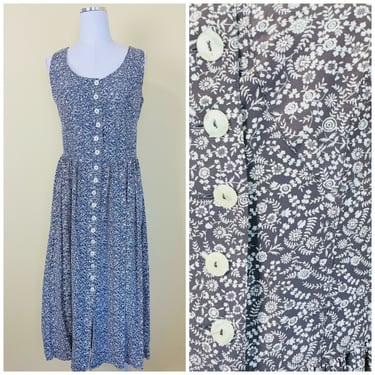 1990s Vintage Life Time Miniature Floral Button Dress / 90s Slate Blue Botanical Fit and Flare Tank Dress / Size Small - Medium 