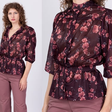 70s Boho Sheer Plum Floral Blouse - Extra Small | Vintage Button Up 3/4 Sleeve Flower Print Top 