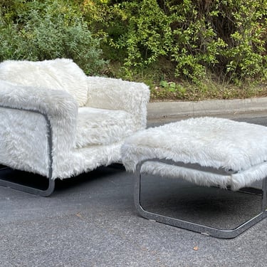 Milo Baughman Barrel Back Chrome Flat Bar Lounge Chair & Ottoman with Faux Fur 